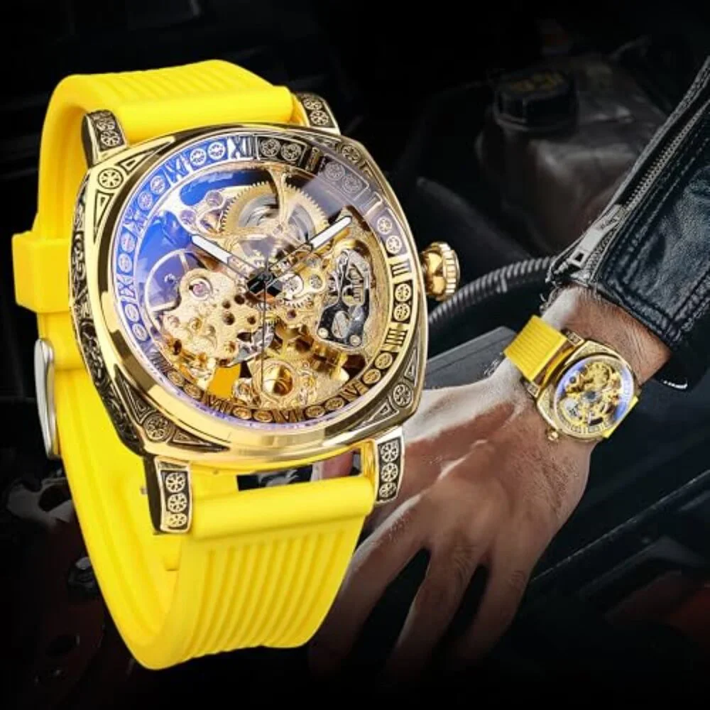 Men's Square Skeleton Automatic Watch, Stainless Steel Case, Leather Strap